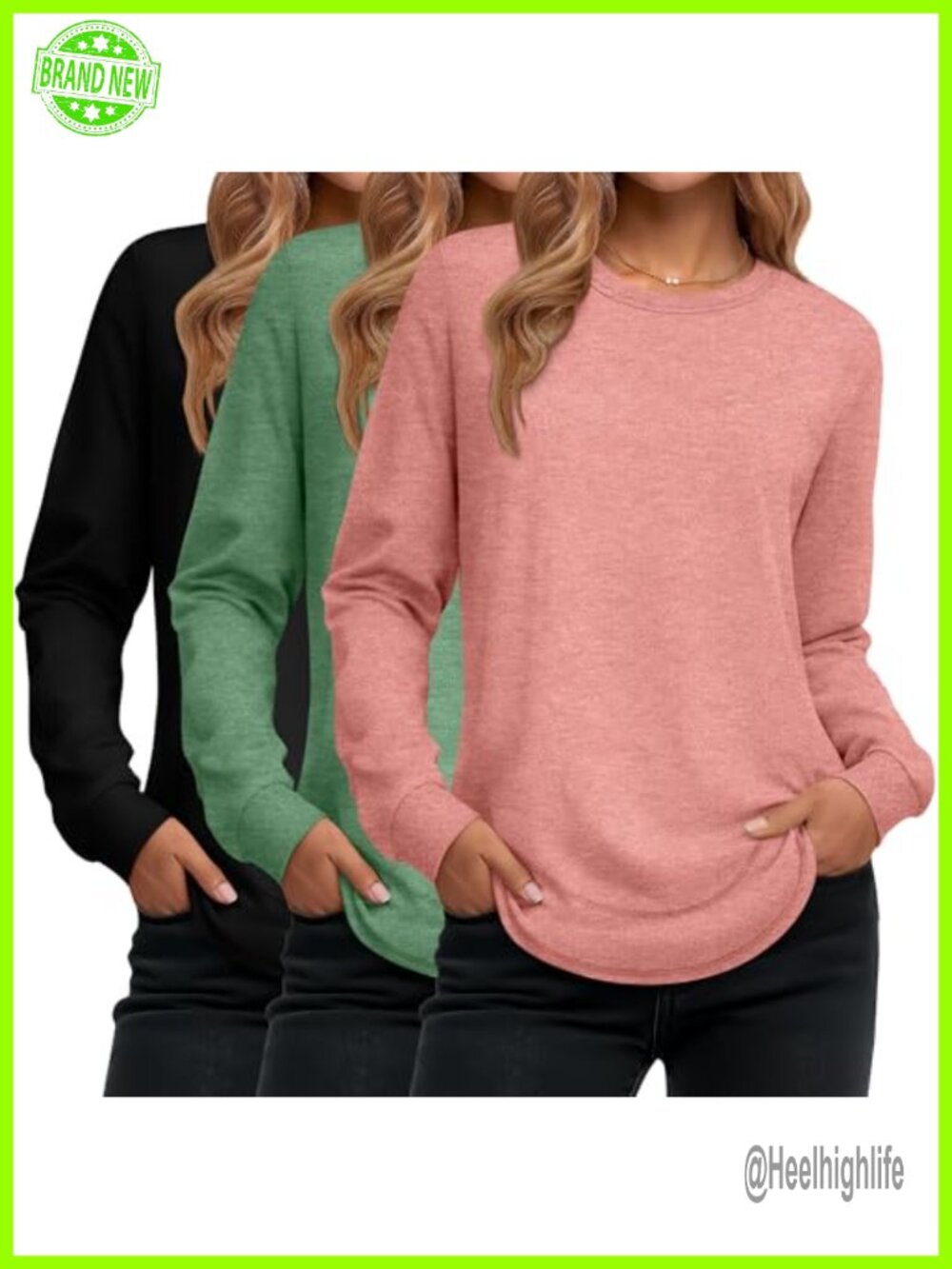 Women's Long Sleeve Cotton Sweatshirt 3 Pack Crewneck Tunic Pullover